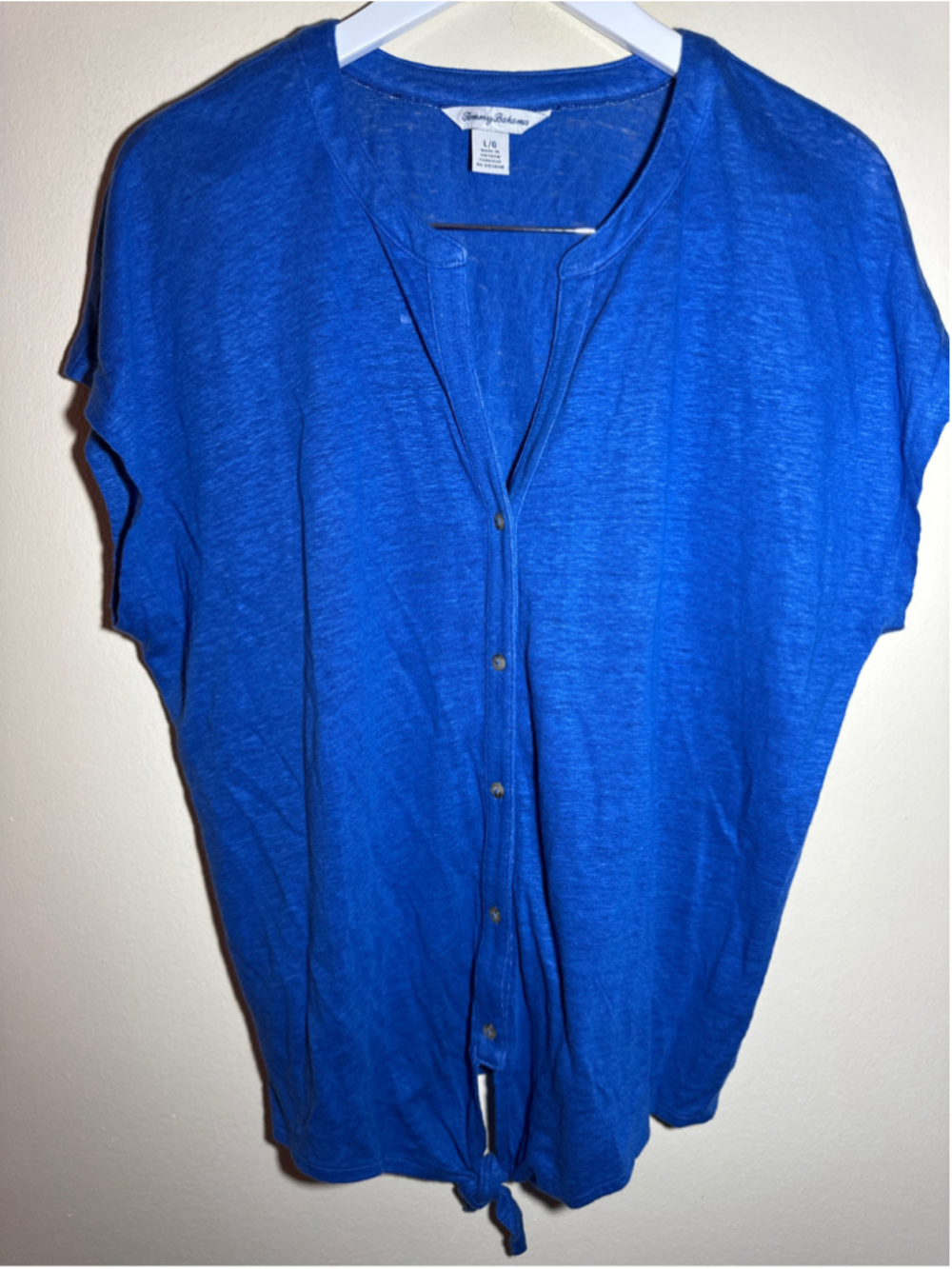 Women's Tommy Bahama Blue Short Sleeve Button Front Tie Hem Top Size L